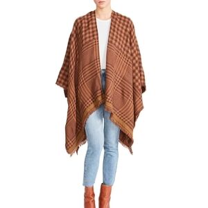 Steve Madden Multi-Plaid Ruana Brown Tan Olive Poncho Shawl One Size